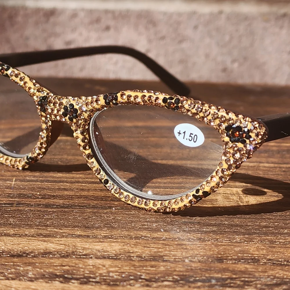 Women's Bling Cat Eye Readers Brown Rhinestones AB Reading Glasses Black +1.50